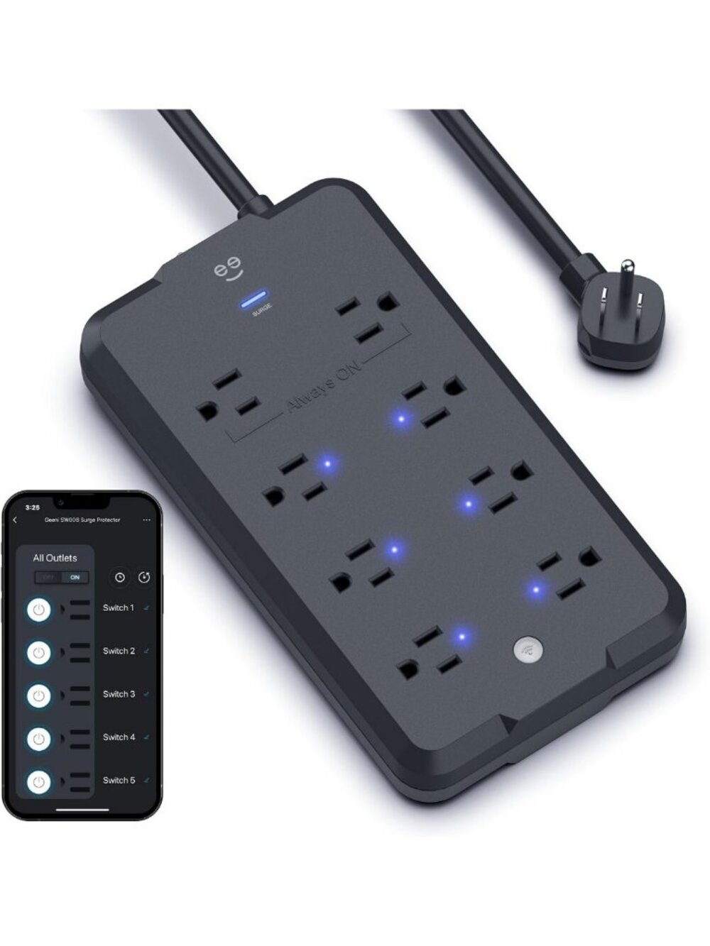 Smart 8-Outlet Surge Protector with 6 ft Cord - No Hub, Power Strip, Black